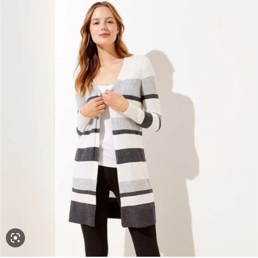 Loft Striped Open Cardigan Grey Colorblock